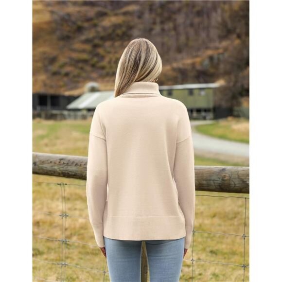 Womens Turtleneck Sweater Chunky Knit Pullover High Low Hem Fall Winter Top - Picture 4 of 5